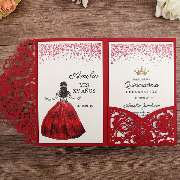 Red Tri-fold Quinceanera Invitations