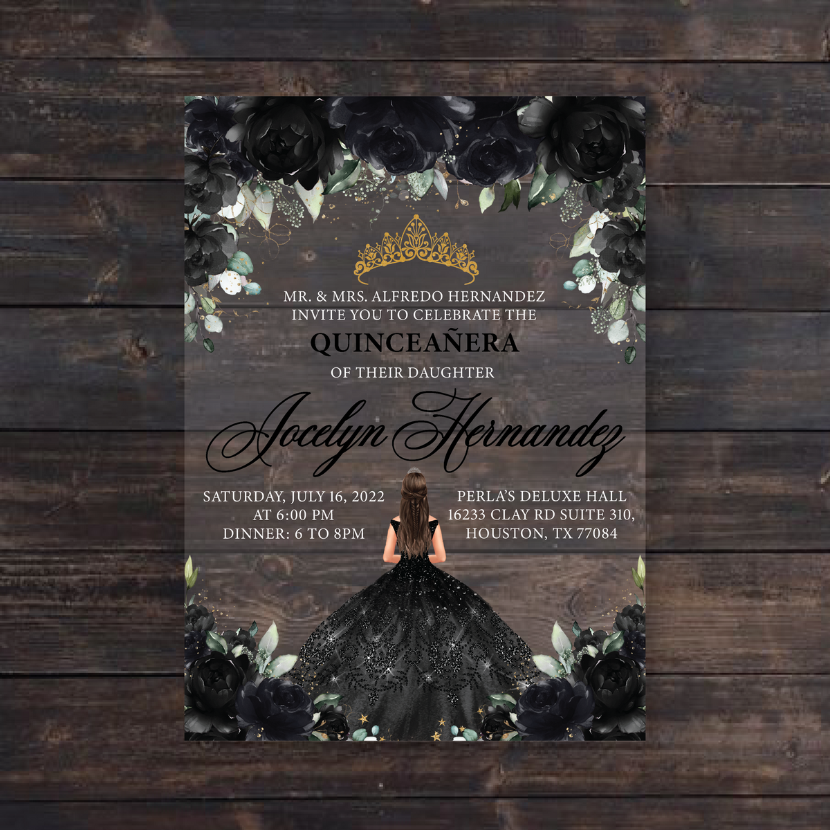 EDITABLE Invitation, Elegant Black and Gold Quinceanera Invitation