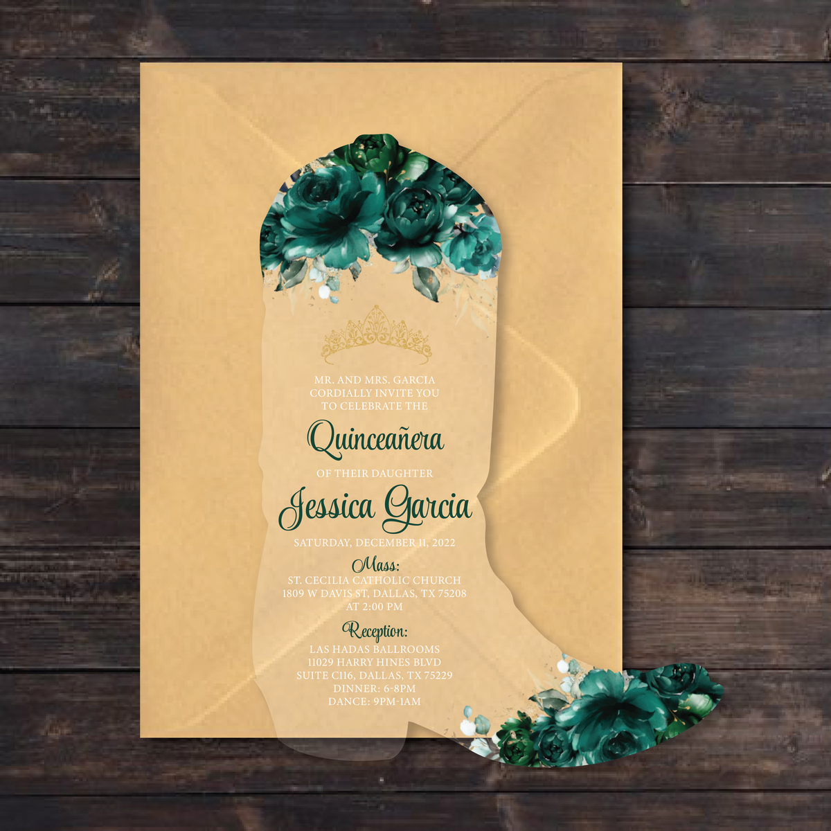 Emerald Green and Gold Acrylic Boot Shape Invitation Invitations by