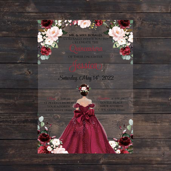 Burgundy Floral Frame Quinceanera Acrylic Invitation