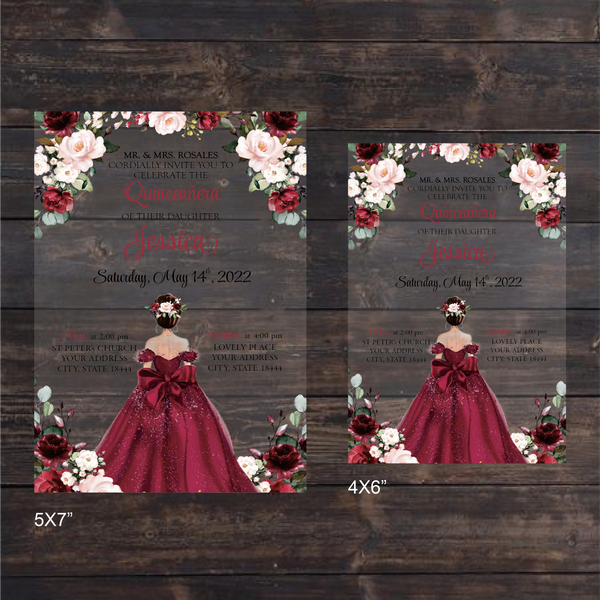 Burgundy Floral Frame Quinceanera Acrylic Invitation