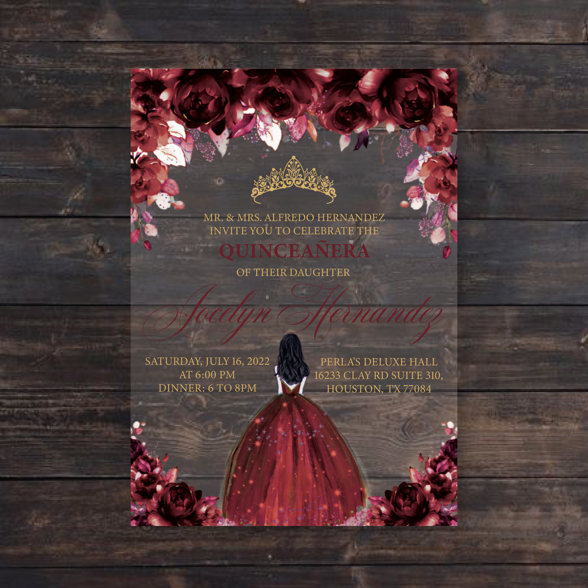 Quinceanera Invitations Spanish or English, Burgundy Red Gold