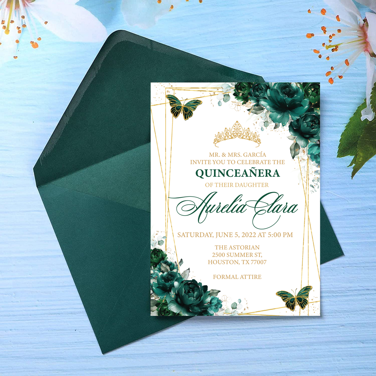 Emerald Green and Gold Frame with Butterflies 5X7 Cardstock Invitation Invitations by Luis Sanchez