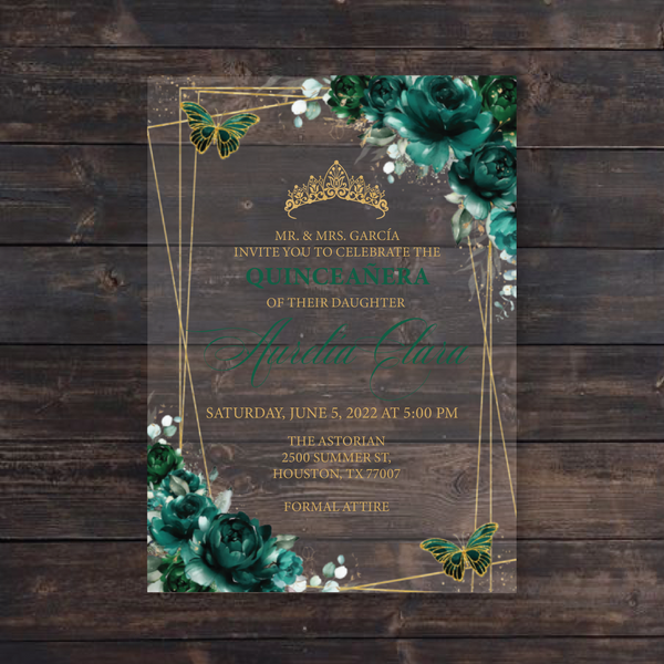 Emerald Green and Gold Frame with Butterflies Acrylic Invitations