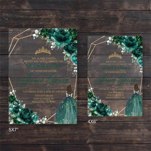 Emerald Green and Gold Geometric Quinceanera Acrylic Invitations