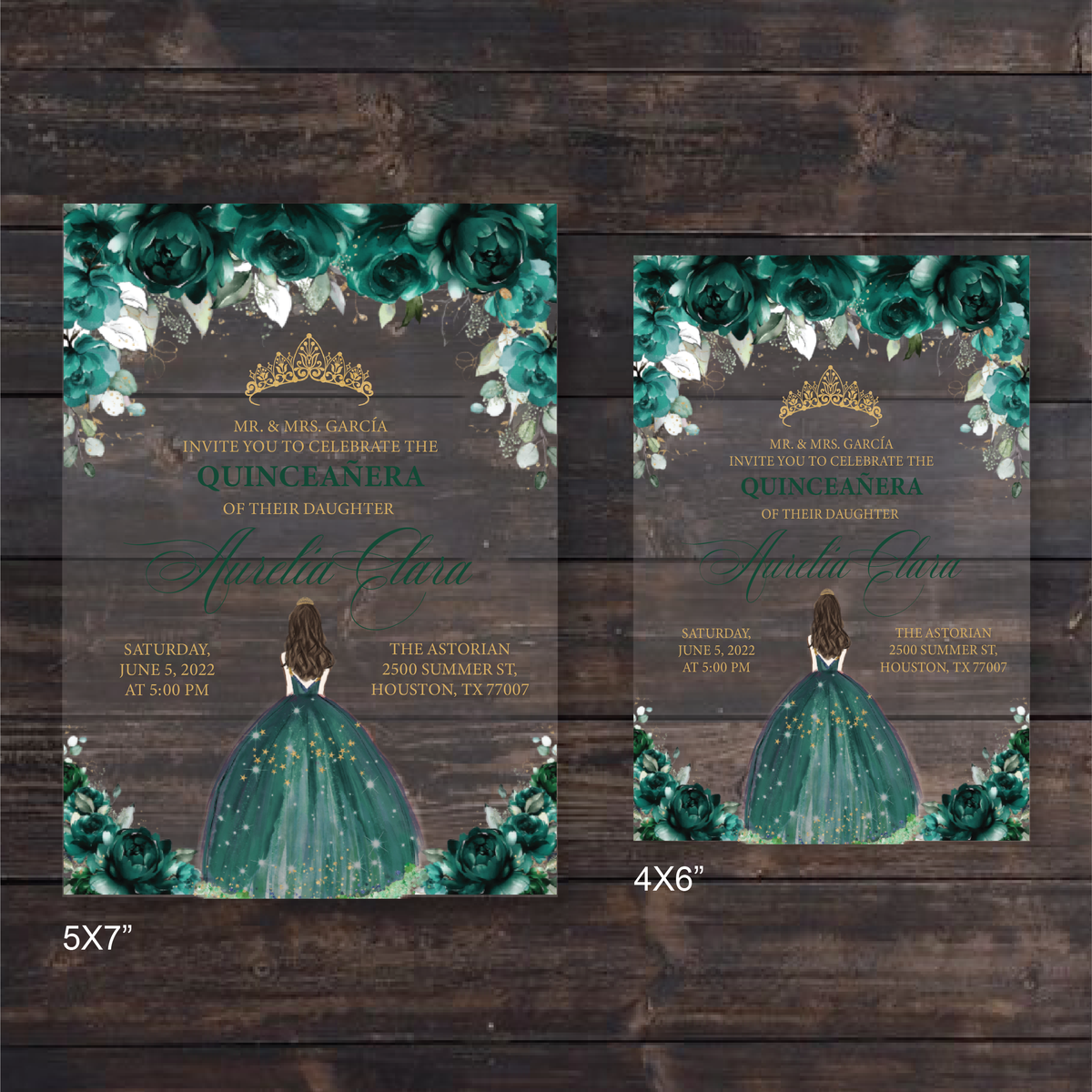 Emerald Green & Gold With Dress Invitations 5 x 7 Cardstock – KMPrintSA