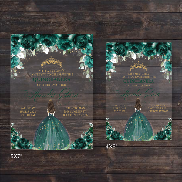 Emerald Green and Gold Quinceanera Acrylic Invitations