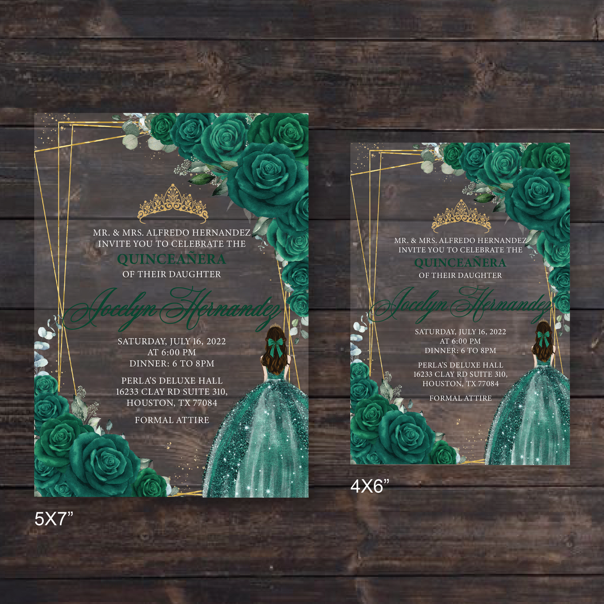 Emerald Green and Gold Frame with Butterflies Acrylic Invitations –  Invitations by Luis Sanchez