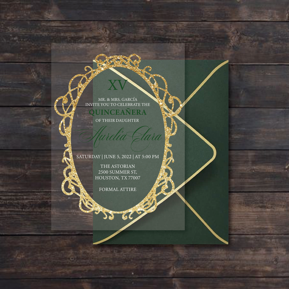 Emerald Green and Gold Frame with Butterflies Square Acrylic Invitatio –  Invitations by Luis Sanchez