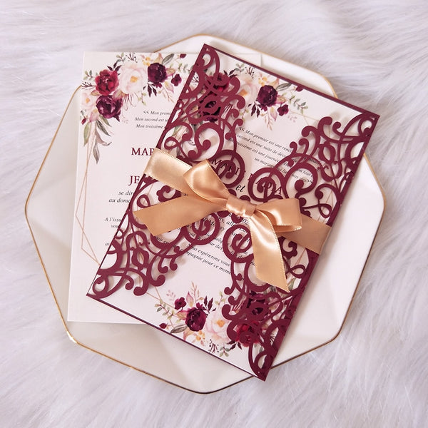 Burgundy Floral Gatefold Laser Cut Invitations