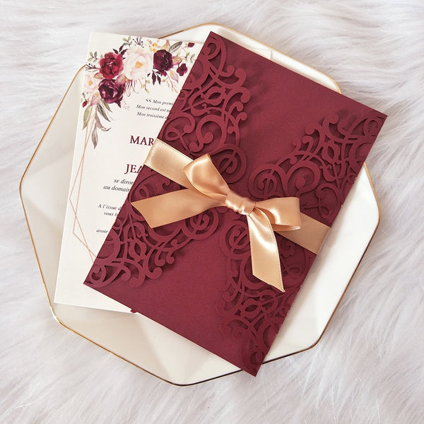 Burgundy Floral Gatefold Laser Cut Invitations