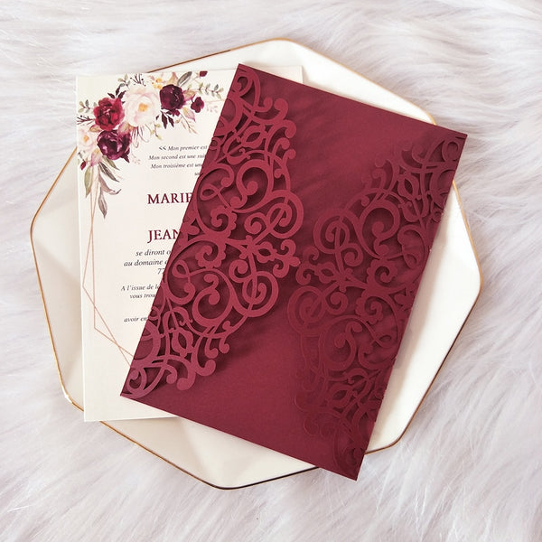 Burgundy Floral Gatefold Laser Cut Invitations