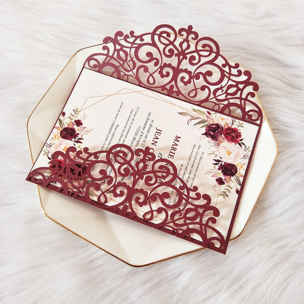 Burgundy Floral Gatefold Laser Cut Invitations