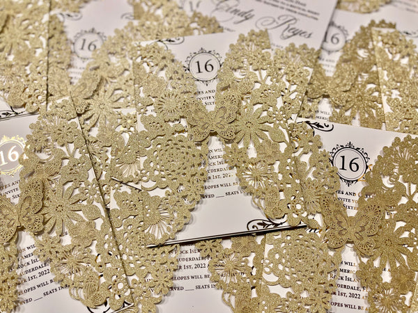 Gold Glitter Butterfly Laser Cut Invitations with Gold Foiled Inserts