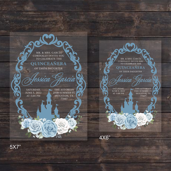 Light Blue Cinderella Castle Floral Frame Acrylic Invitation