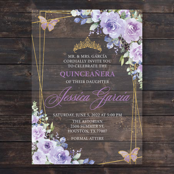 Light Purple Floral Butterflies and Gold Geometric Acrylic Invitation