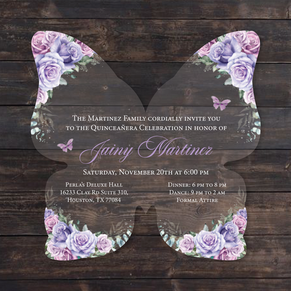 Light Purple Floral Butterfly Shaped Acrylic Invitation