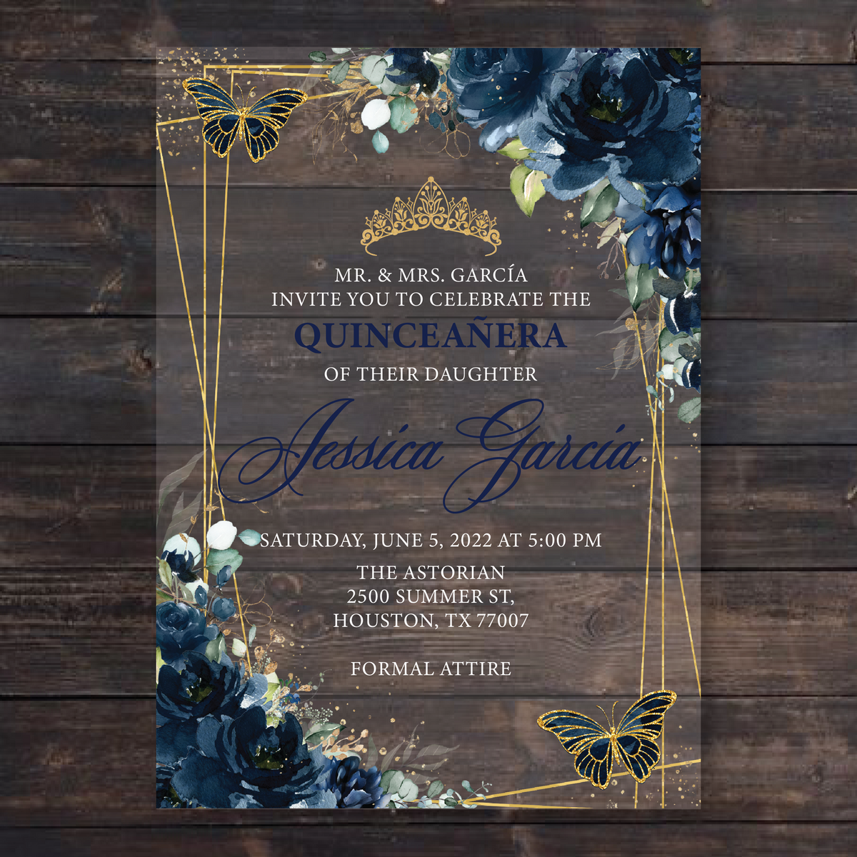 Navy Blue Floral Butterflies and Gold Geometric Acrylic Invitation