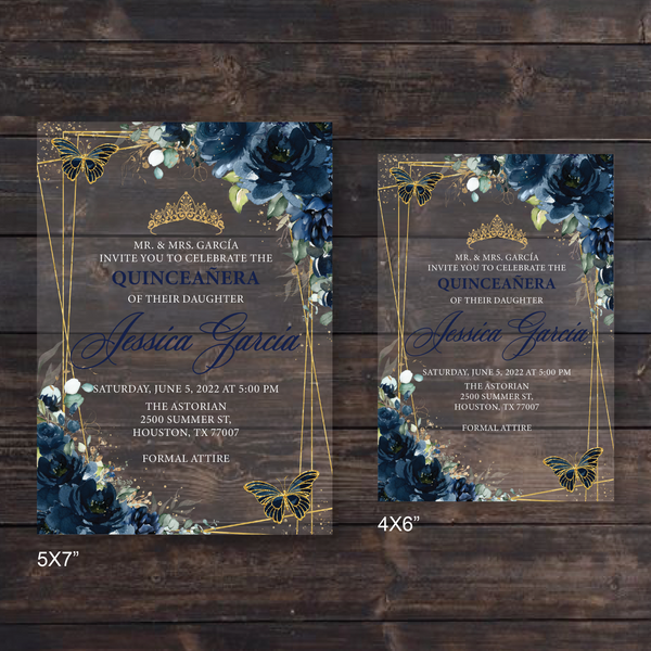 Navy Blue Floral Butterflies and Gold Geometric Acrylic Invitation