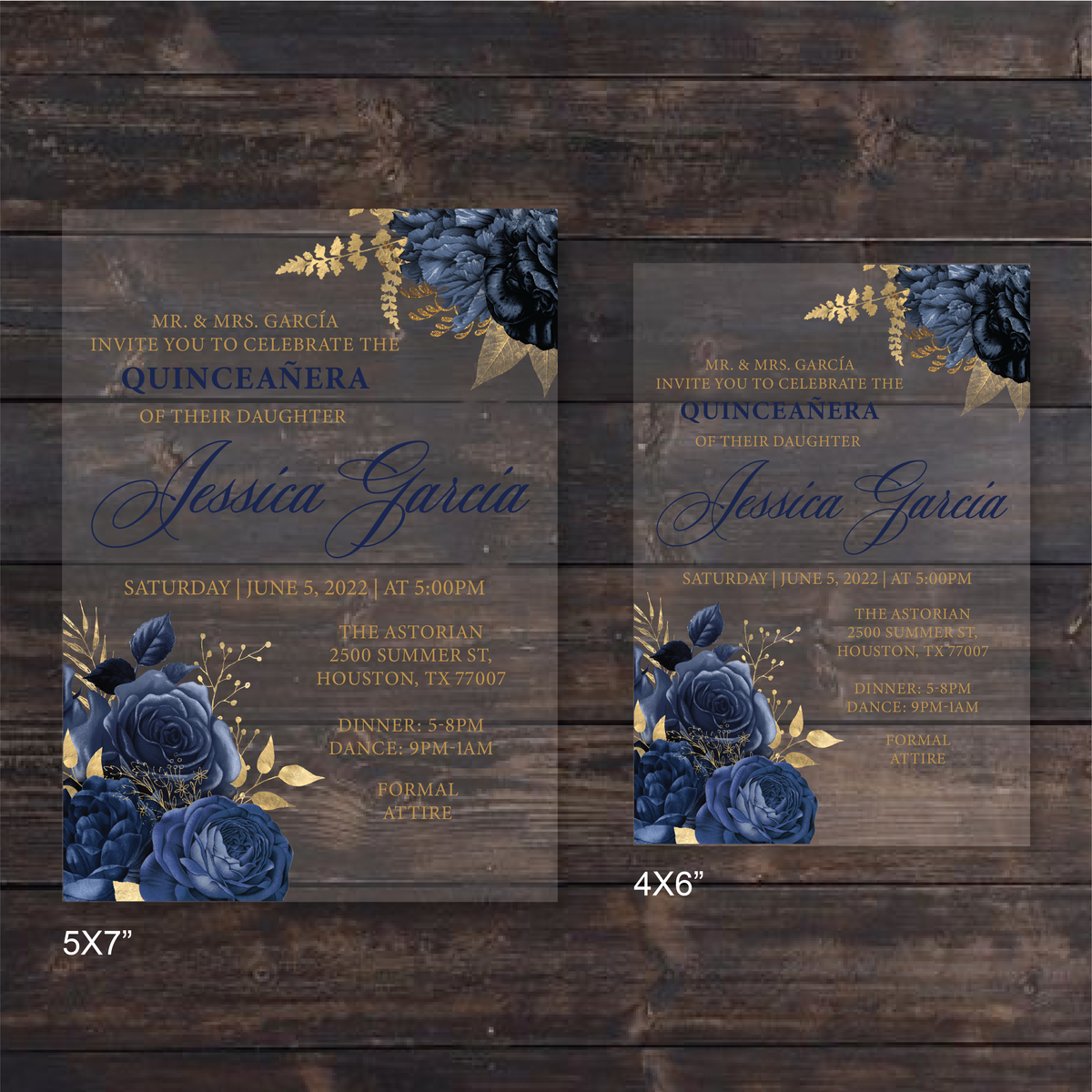 Navy Blue and Gold Floral Acrylic Invitation Invitations by Luis Sanchez
