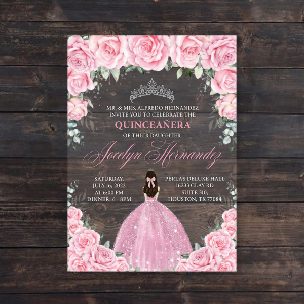 Pink Floral Roses & Silver Crown Quinceanera Acrylic Invitation