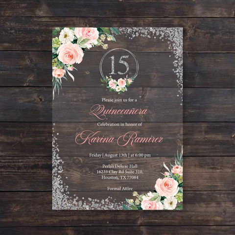 Pink Floral and Silver Glitter Quinceanera Acrylic Invitation
