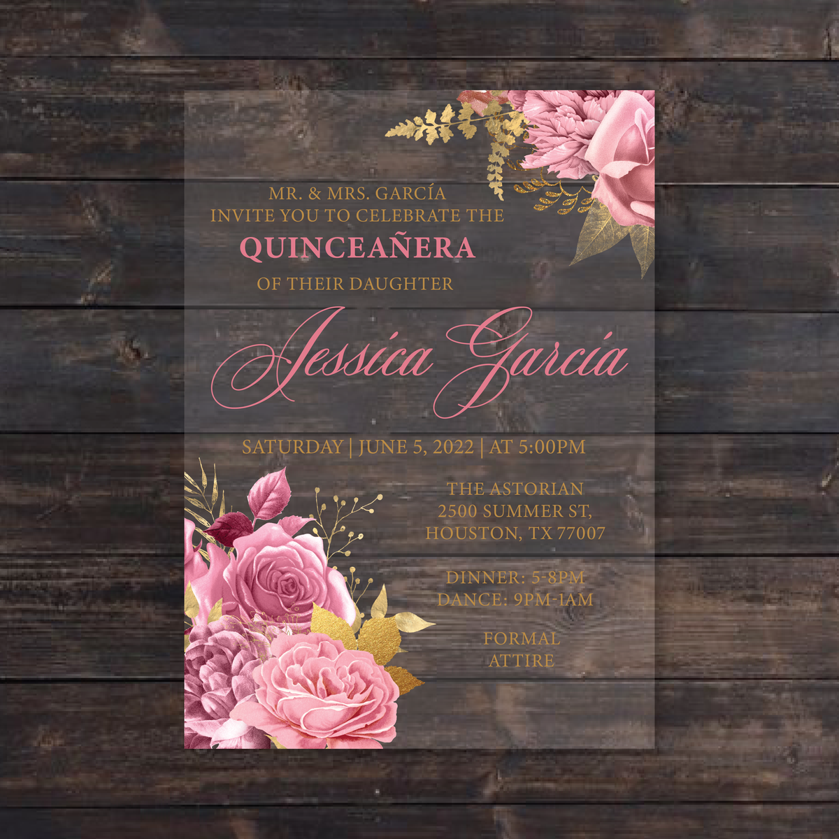Pink and Gold Floral Acrylic Invitation Invitations by Luis Sanchez