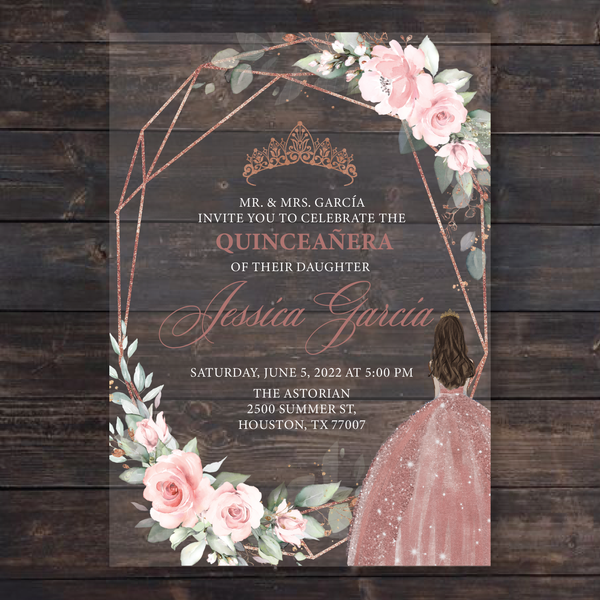 Rose Gold and Pink Floral Acrylic Quinceanera Invitation