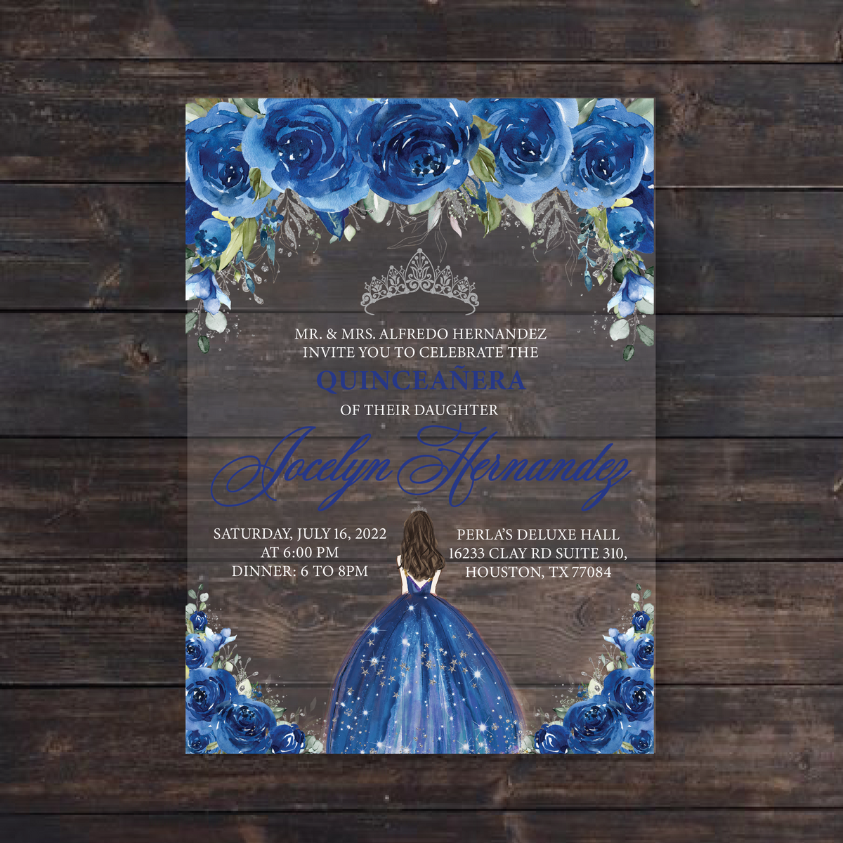 Royal Blue and Gold Quinceanera Dress Acrylic Invitations – Invitations by  Luis Sanchez