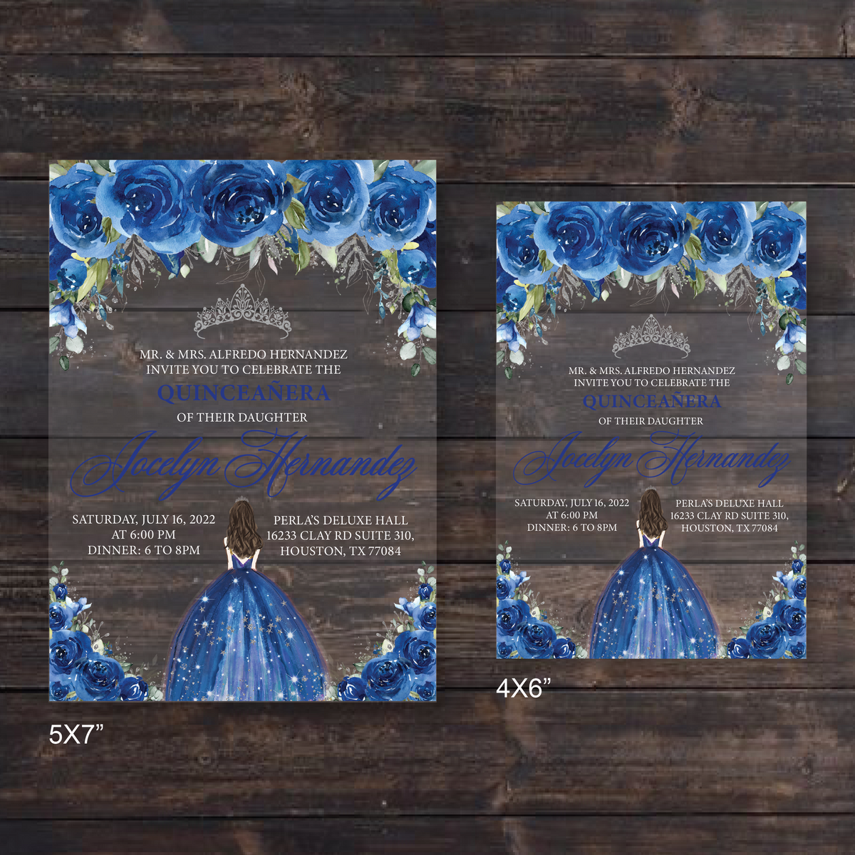 Royal Blue Floral Butterflies and Gold Geometric Acrylic Invitation –  Invitations by Luis Sanchez