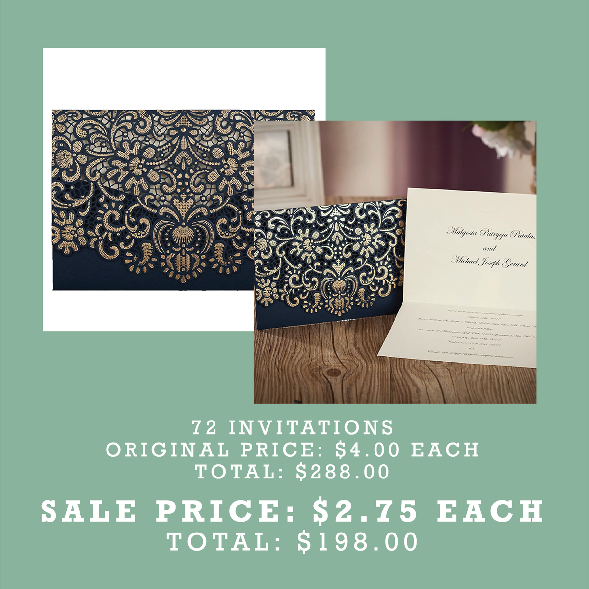 72 Invitations Navy Blue and Gold Pocket Laser Cut Invitation