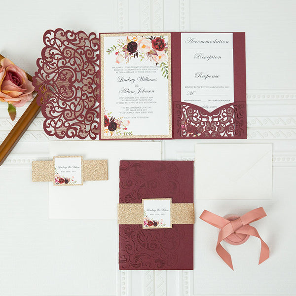 Burgundy and Gold Glitter Tri Fold Floral Laser Cut Invitations
