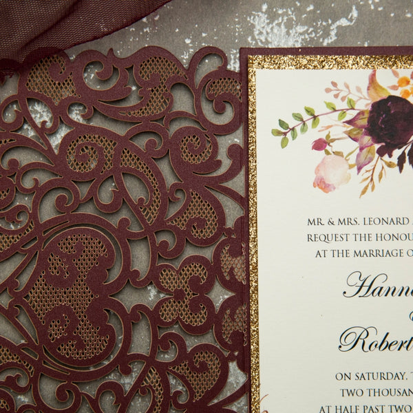 Burgundy and Gold Glitter Tri Fold Floral Laser Cut Invitations