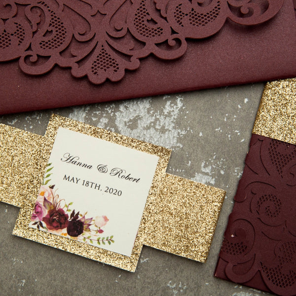 Burgundy and Gold Glitter Tri Fold Floral Laser Cut Invitations