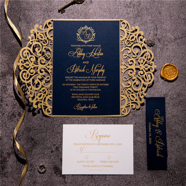 Navy Blue and Gold Luxury Laser Cut Wedding Invitations