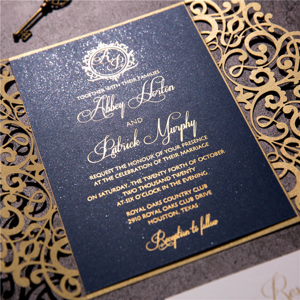Navy Blue and Gold Luxury Laser Cut Wedding Invitations
