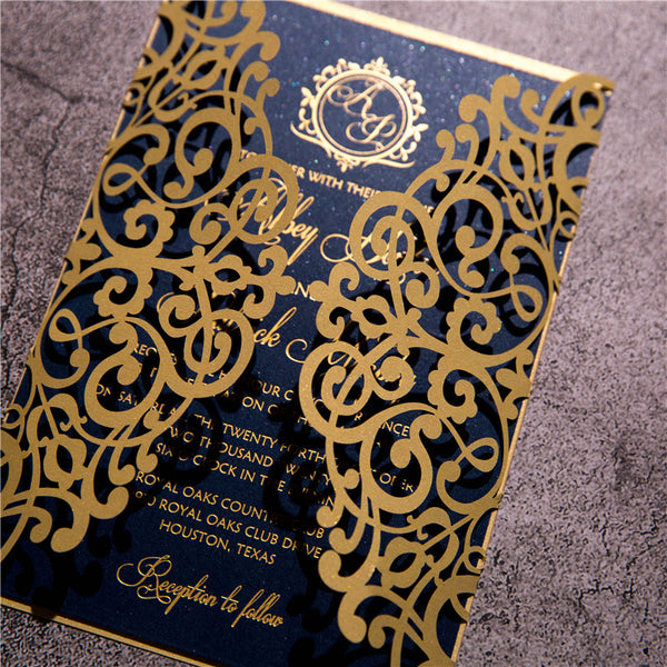 Navy Blue and Gold Luxury Laser Cut Wedding Invitations