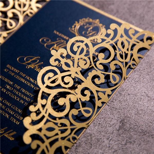 Navy Blue and Gold Luxury Laser Cut Wedding Invitations