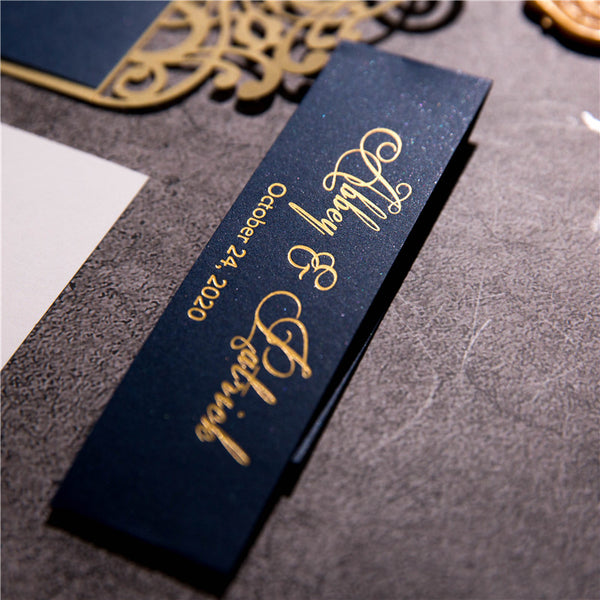 Navy Blue and Gold Luxury Laser Cut Wedding Invitations