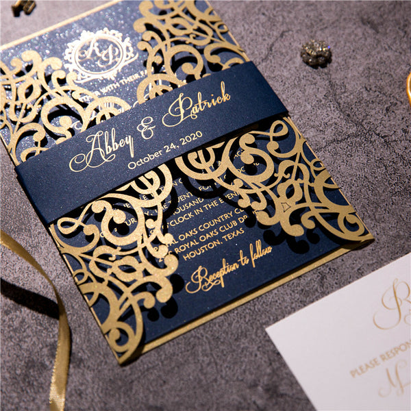 Navy Blue and Gold Luxury Laser Cut Wedding Invitations