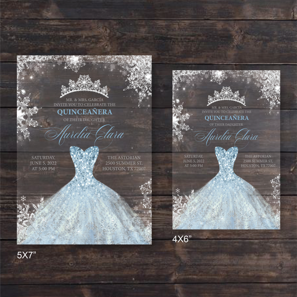Winter Wonderland Silver Snowflake and Light Blue Dress Quinceanera Acrylic Invitation