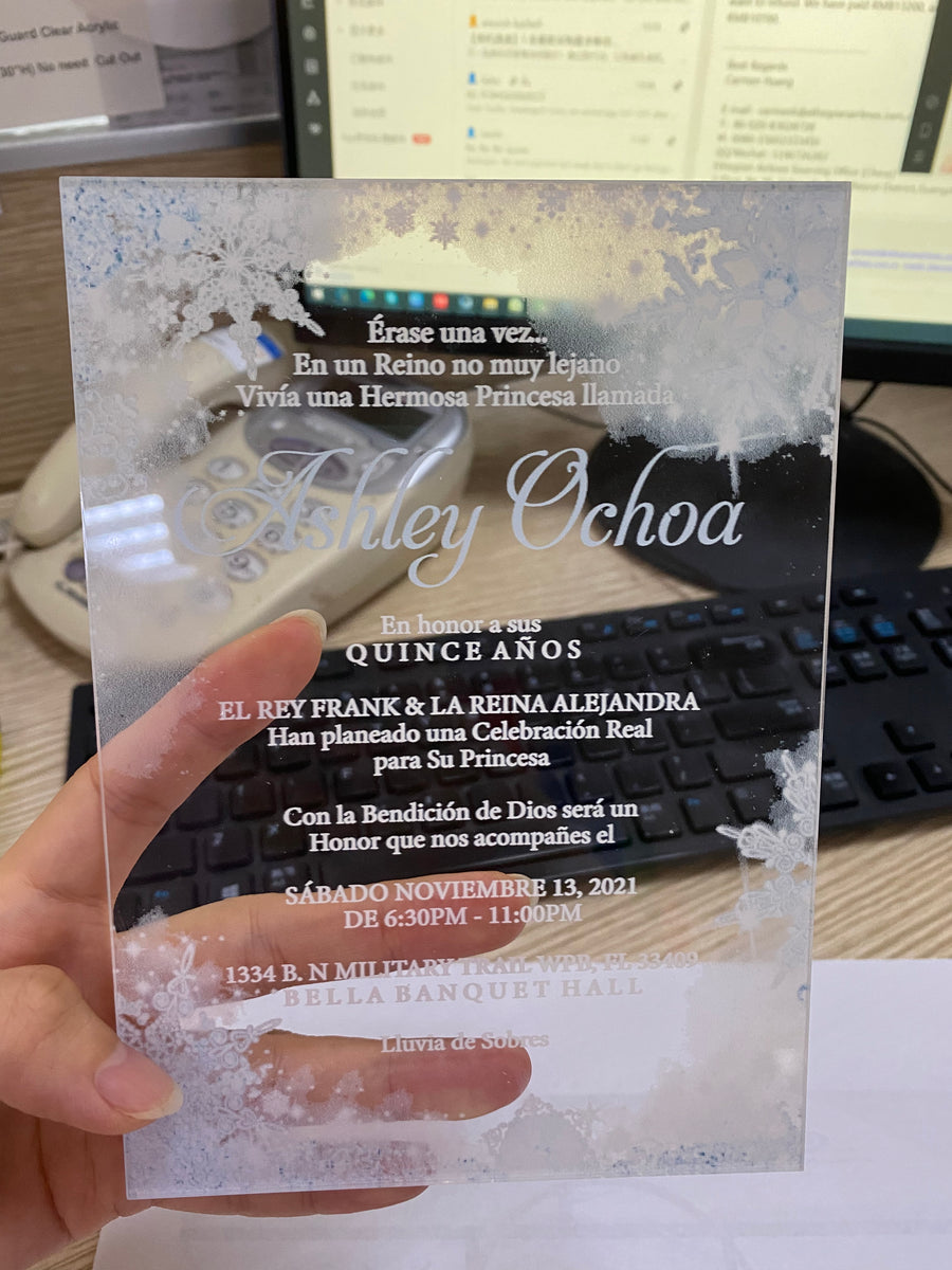 Silver & Light Blue Winter Wonderland Quinceanera Acrylic Invitation
