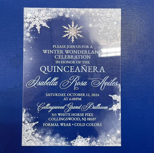 Silver & Light Blue Winter Wonderland Quinceanera Acrylic Invitation