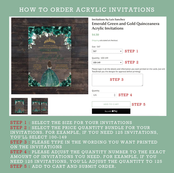 Emerald Green Roses and Geometric Gold Frame Acrylic Invitation
