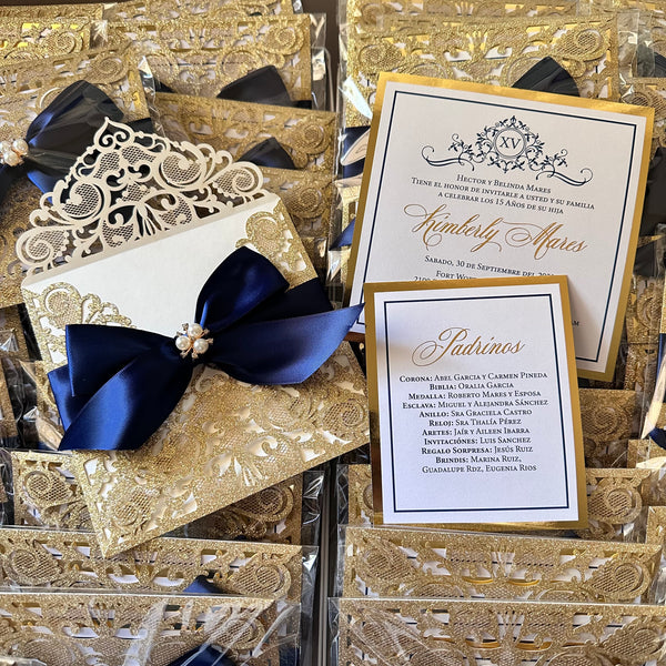 Gold Glitter and Navy Blue Pearl Bow Laser Cut Invitations with Gold Mirror Foiled Insert Cards