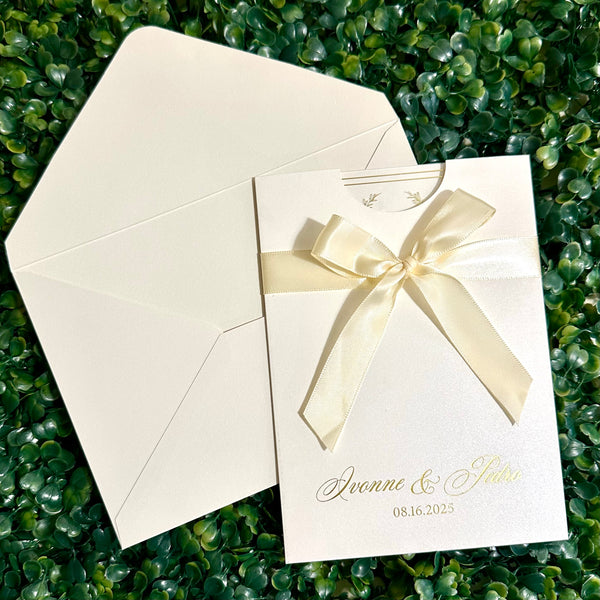 Gold Foil Acrylic Invitation with Ivory Shimmer Gold Foiled Pocket with Ribbon