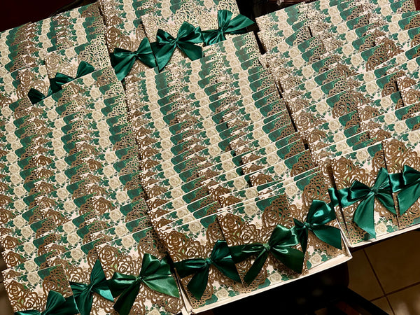Gold Glitter and Emerald Green Ribbon Laser Cut Invitation
