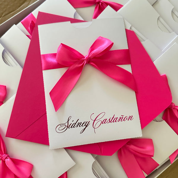 White Shimmer Pocket Acrylic Invitations with Ribbon Bow, Foiled Pocket, and Foiled Envelope