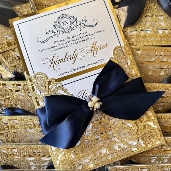 Gold Glitter and Navy Blue Pearl Bow Laser Cut Invitations with Gold Mirror Foiled Insert Cards