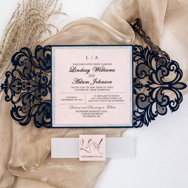 Navy Blue Blush Pink and Silver Glitter Square Laser Cut Invitation